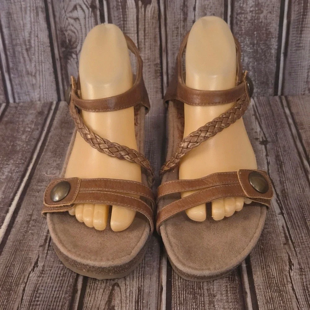 Sz 10.5-11 Aetrex Naya Brown Leather Braided Comfort Wedge Sandals VGUC!